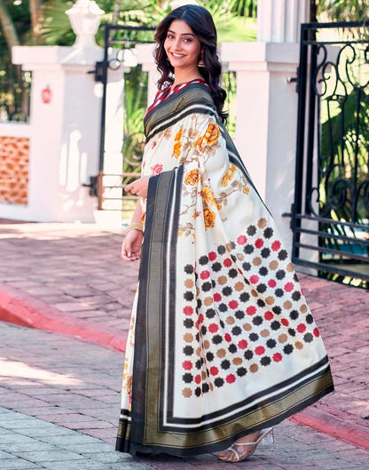 Beige & Multicoloured Silk Printed Saree