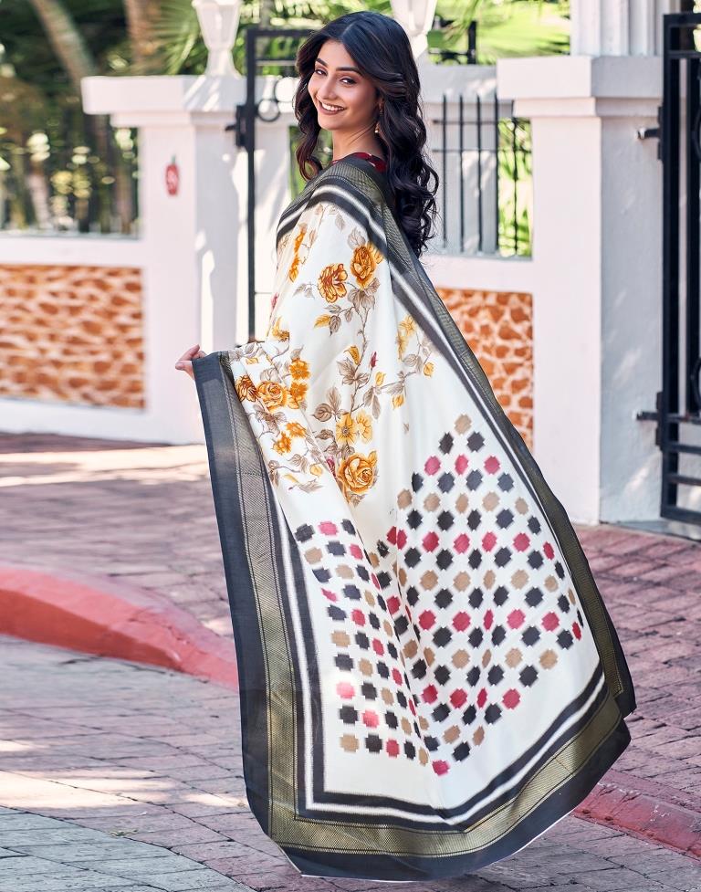 Beige & Multicoloured Silk Printed Saree