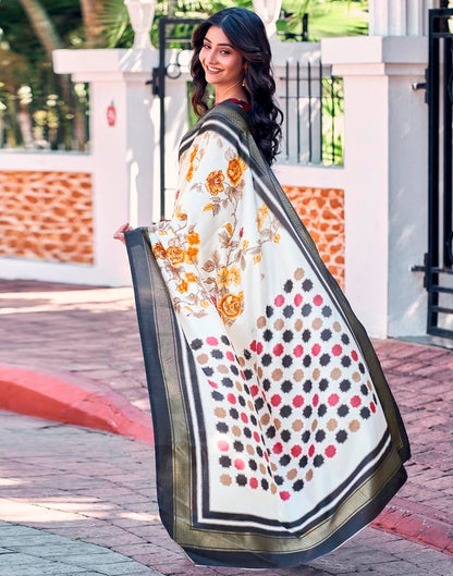 Beige & Multicoloured Silk Printed Saree