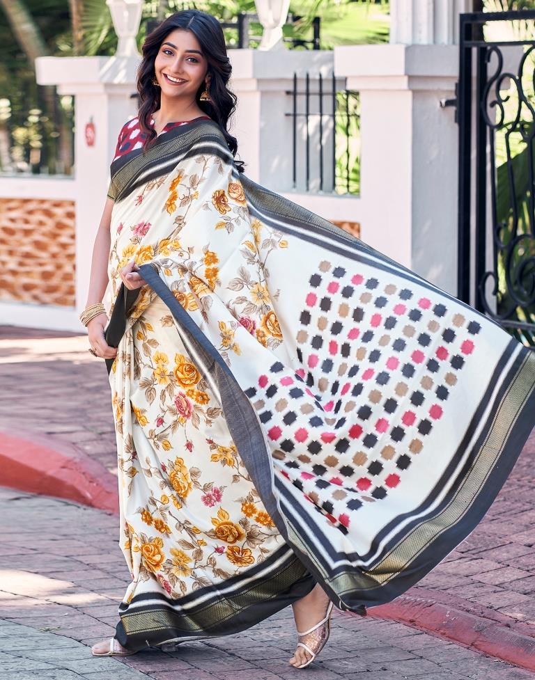 Beige & Multicoloured Silk Printed Saree