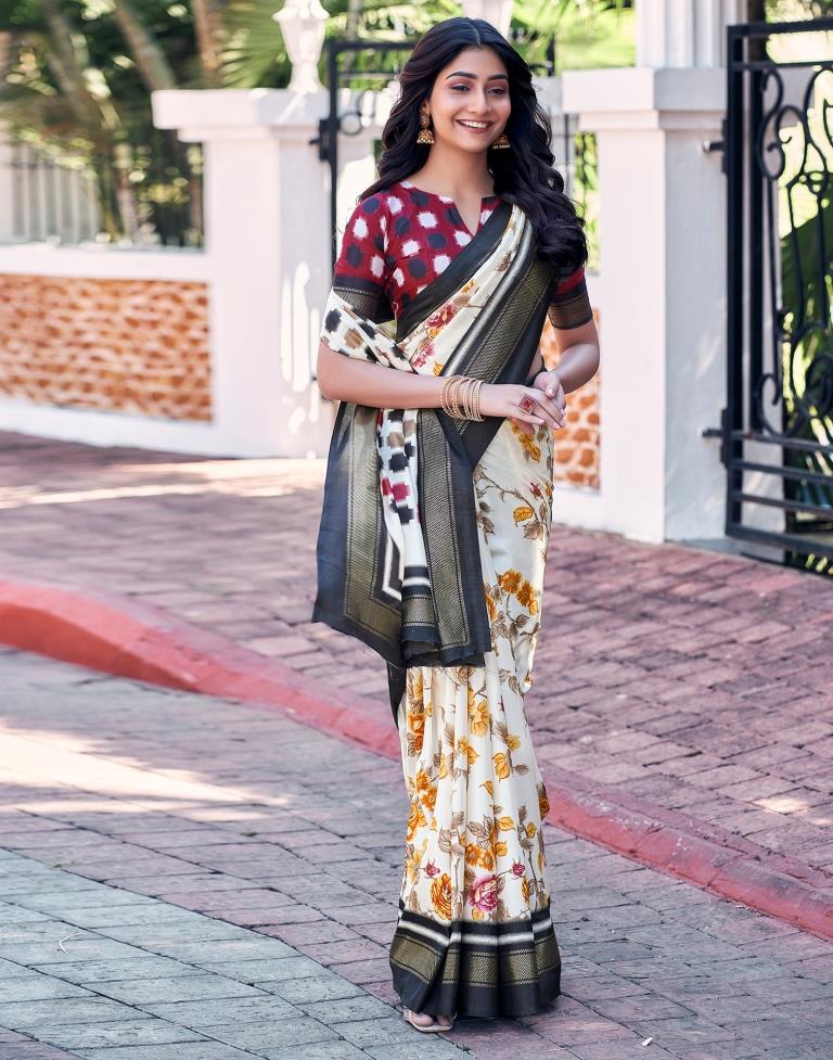 Beige & Multicoloured Silk Printed Saree