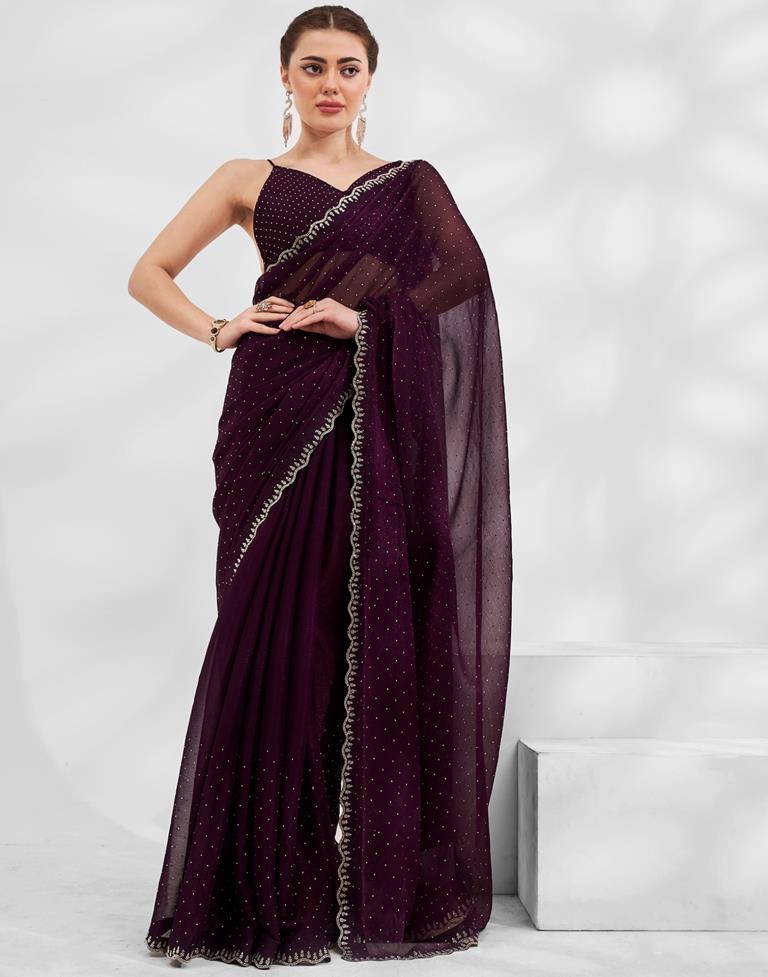 Wine Chiffon Plain Saree