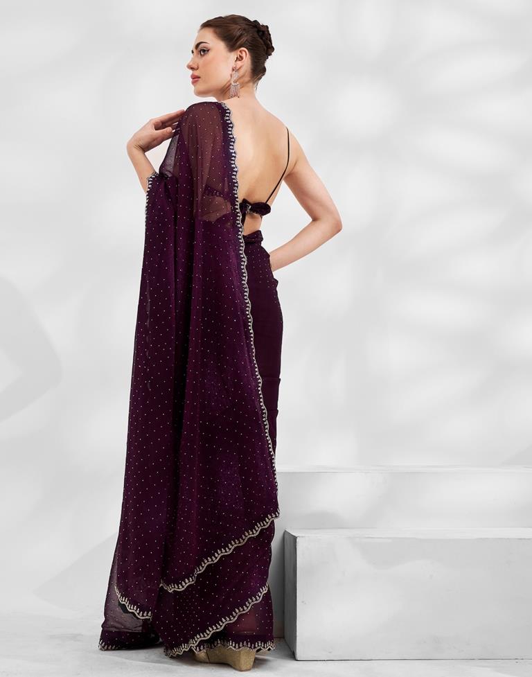 Wine Chiffon Plain Saree