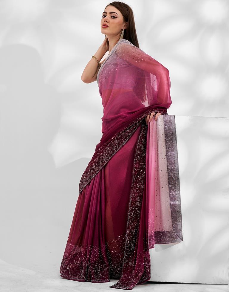 Dark Pink Lycra Plain Saree