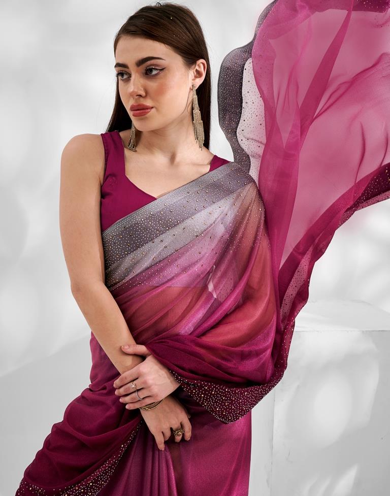 Dark Pink Lycra Plain Saree