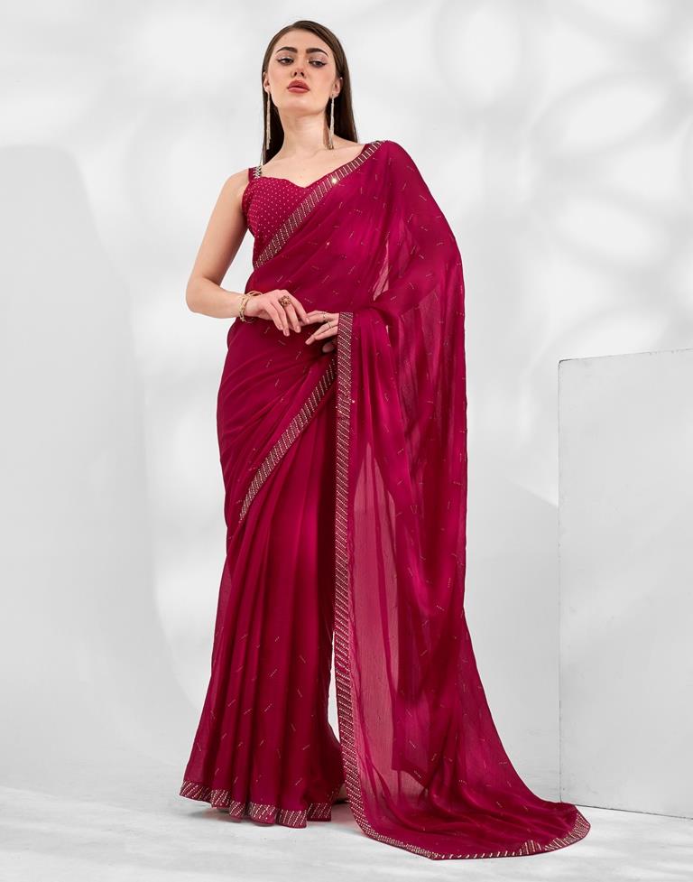 Dark Red  Chiffon Plain Saree