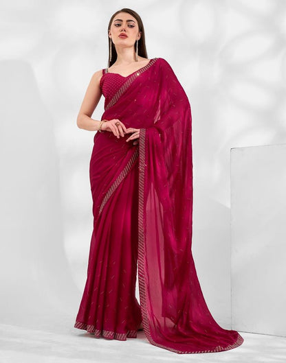 Dark Red  Chiffon Plain Saree