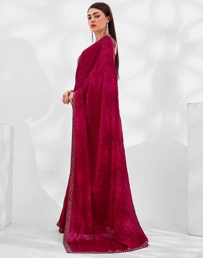 Dark Red  Chiffon Plain Saree