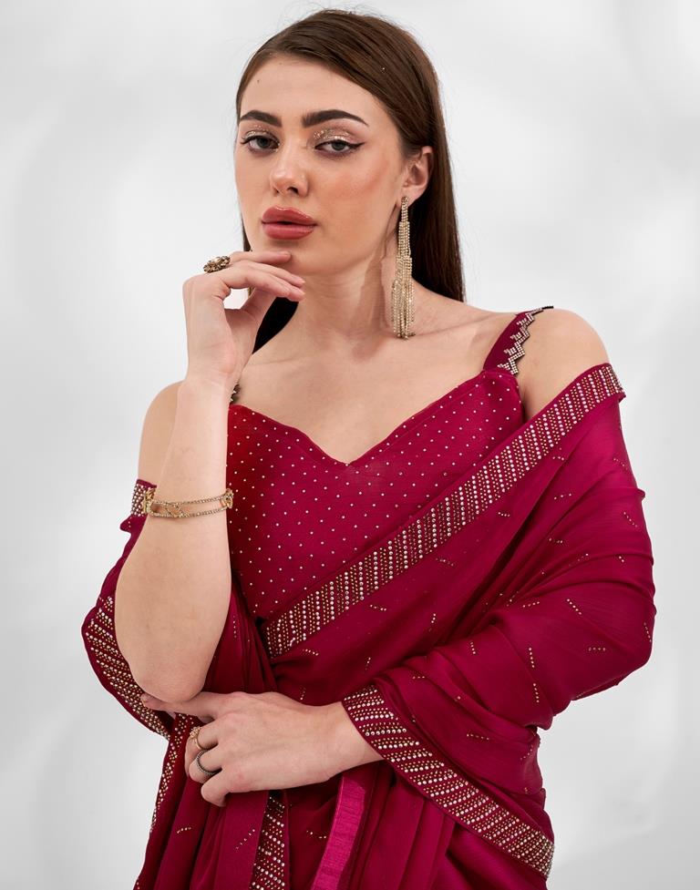 Dark Red  Chiffon Plain Saree