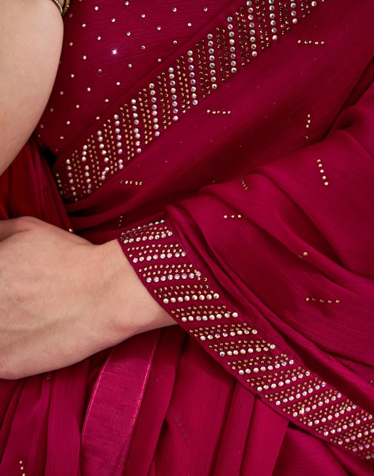 Dark Red  Chiffon Plain Saree