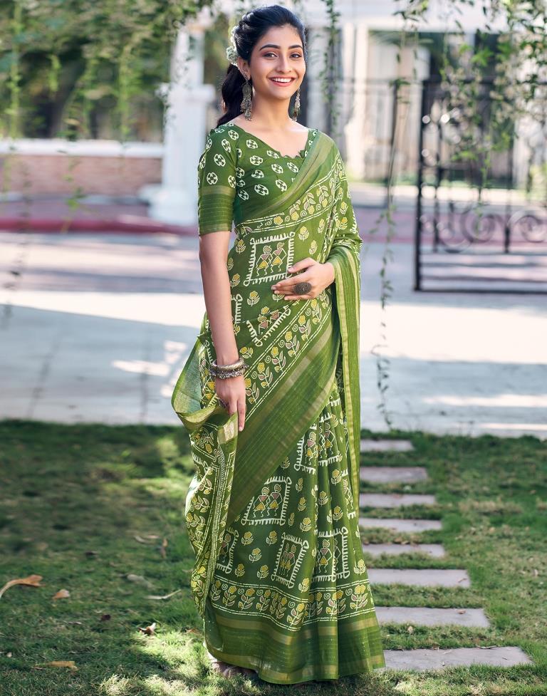 Mehandi Green Silk Printed Saree