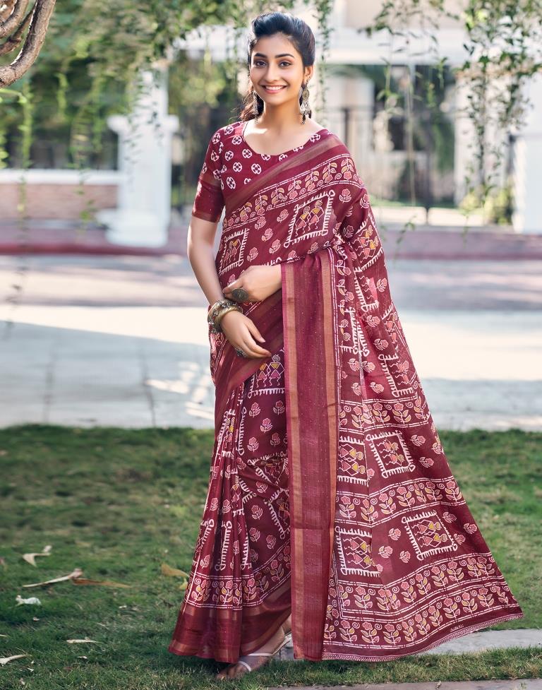 Wine Silk Printed Saree