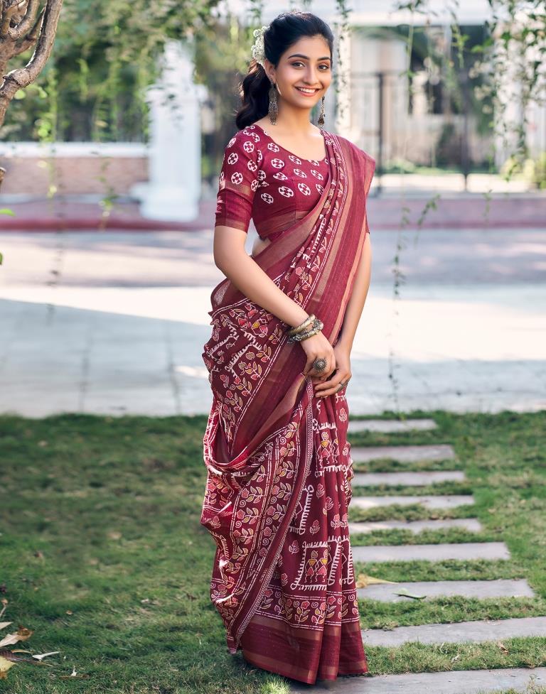 Wine Silk Printed Saree