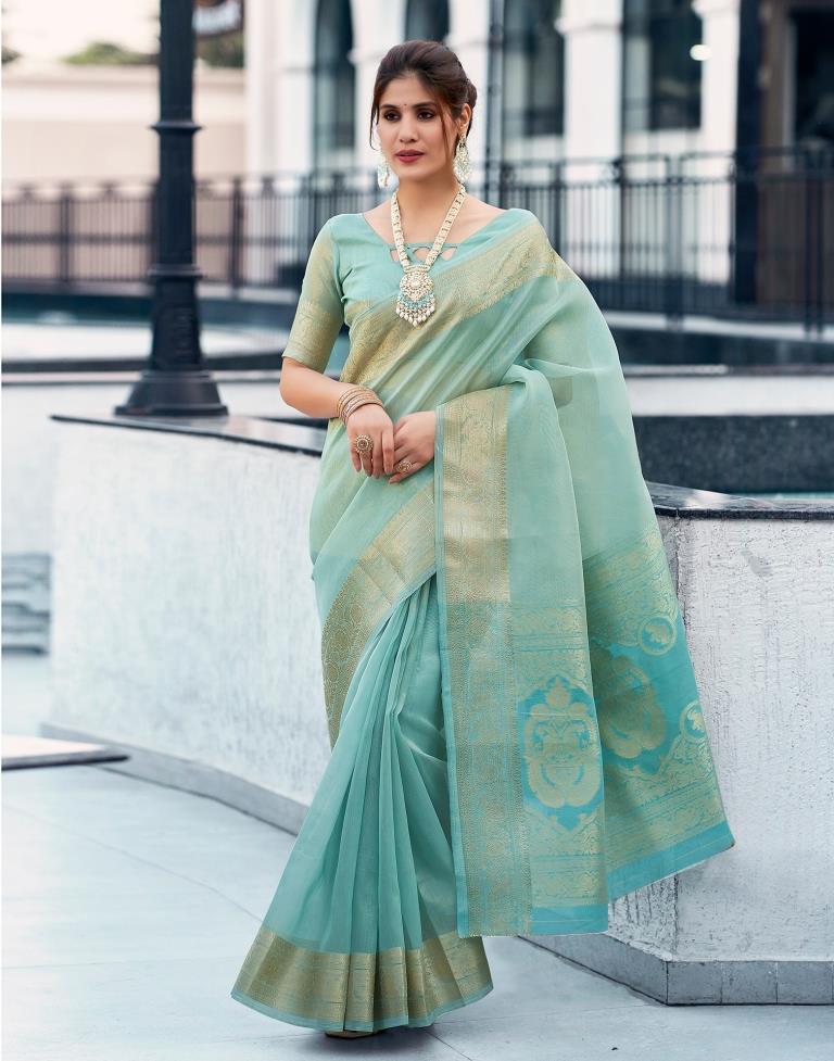 Blue Organza Woven Saree