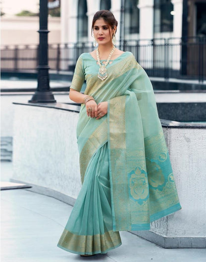 Blue Organza Woven Saree