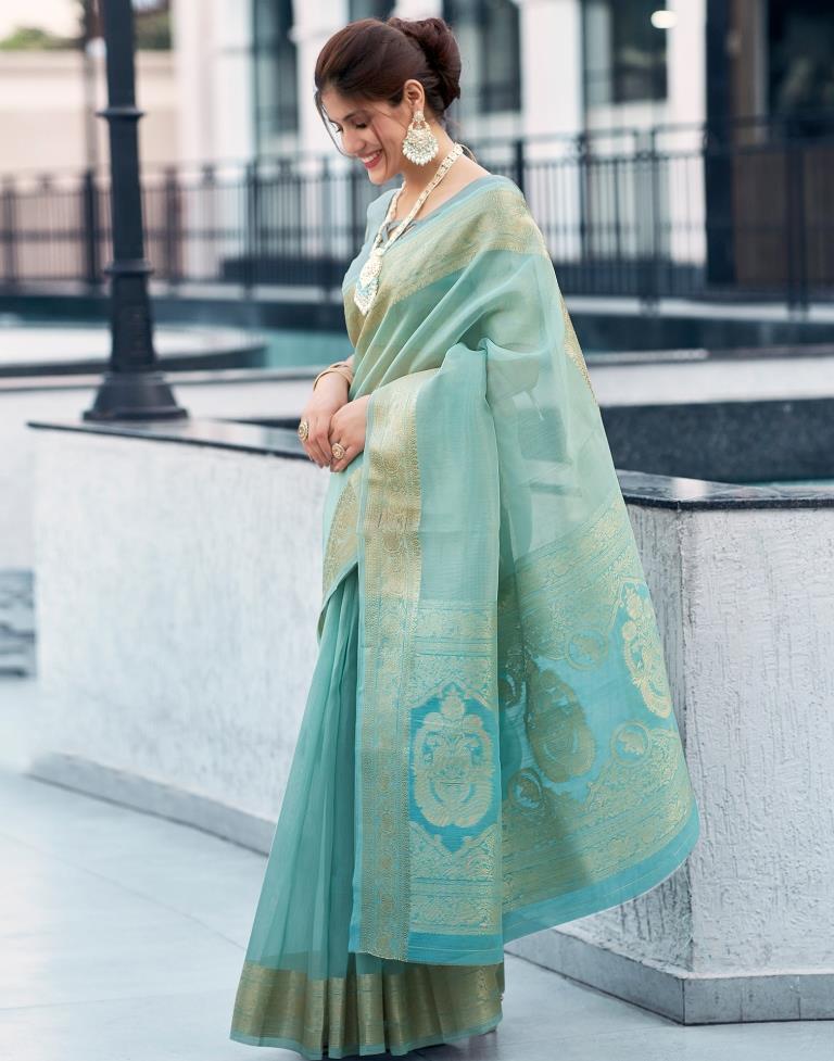 Blue Organza Woven Saree