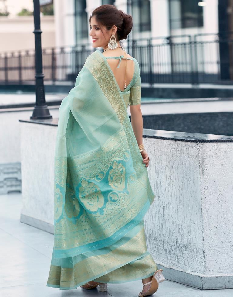 Blue Organza Woven Saree