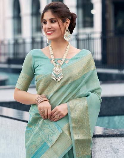 Blue Organza Woven Saree