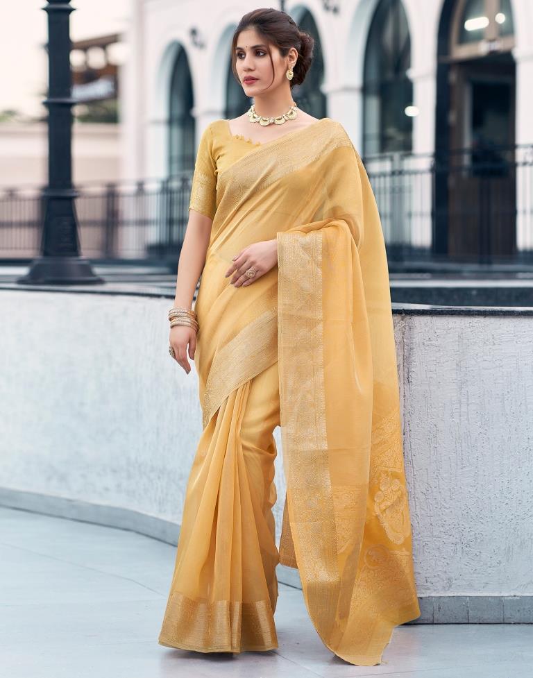 Pastel Yellow Organza Woven Saree
