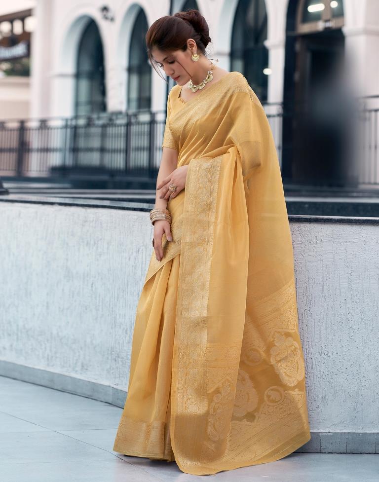 Pastel Yellow Organza Woven Saree