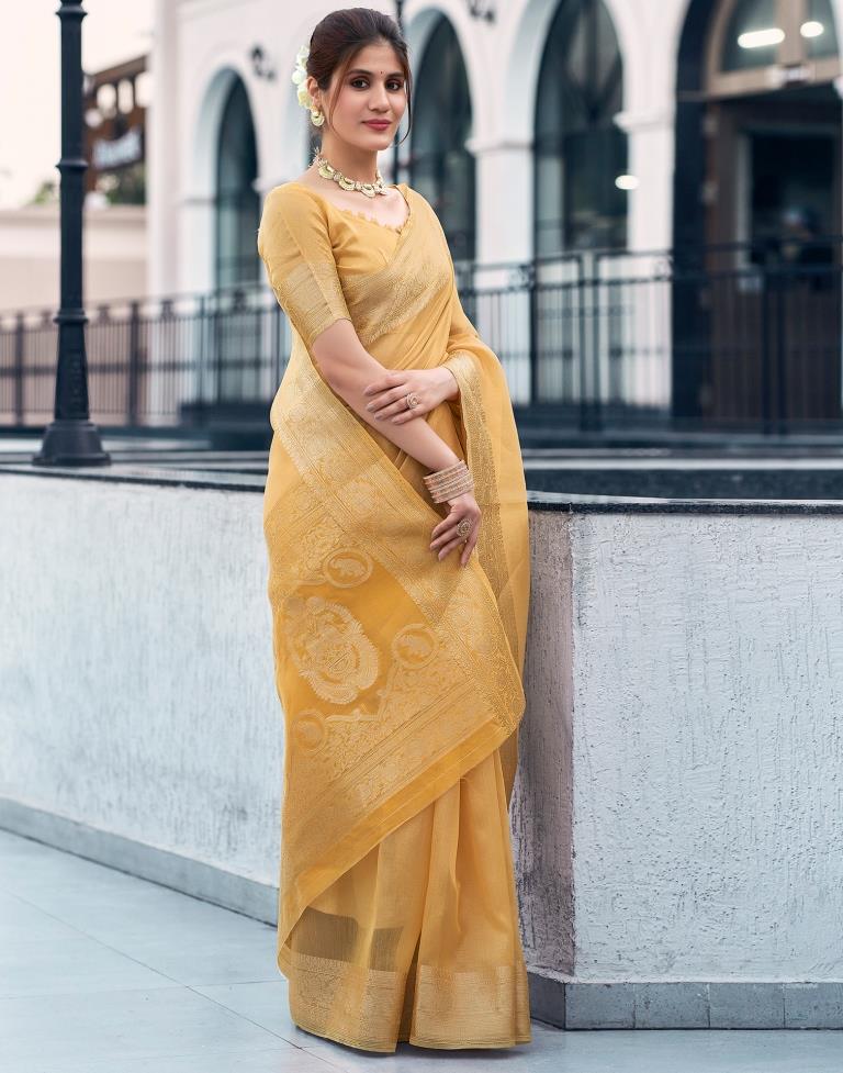 Pastel Yellow Organza Woven Saree