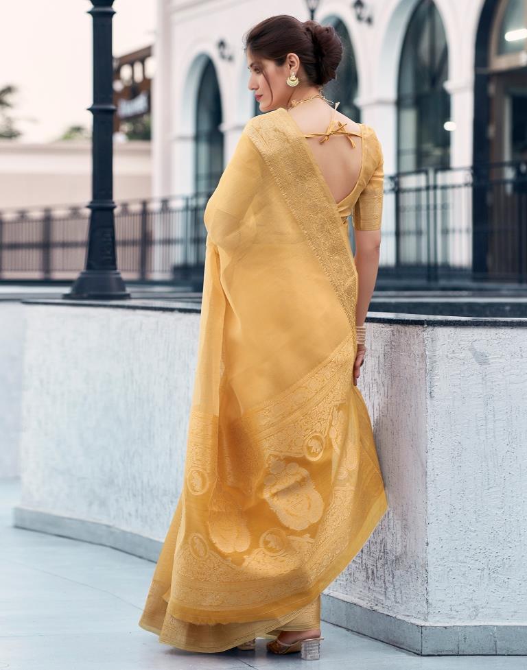 Pastel Yellow Organza Woven Saree
