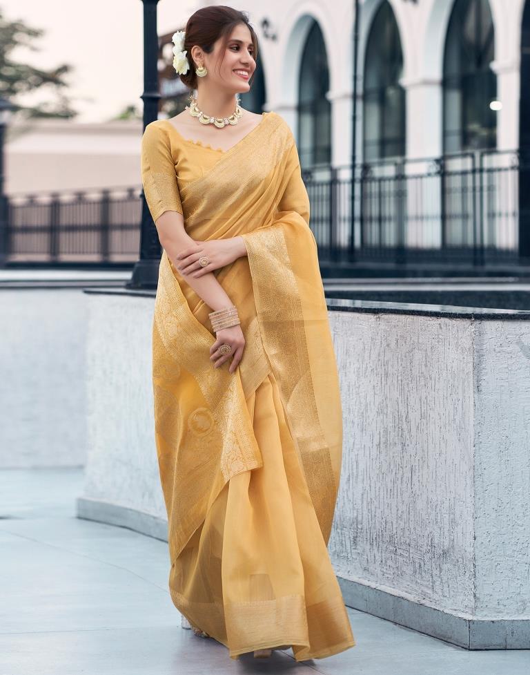 Pastel Yellow Organza Woven Saree