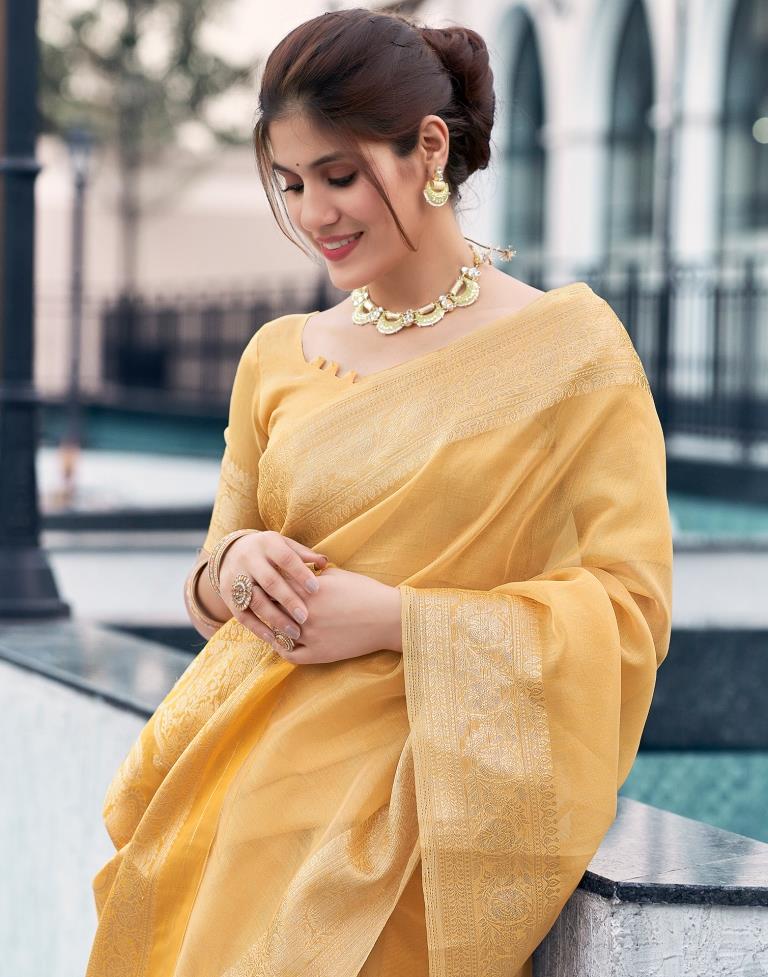 Pastel Yellow Organza Woven Saree