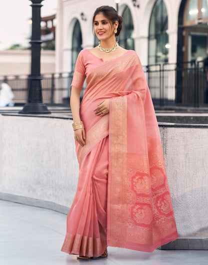 Rose Pink Organza Woven Saree