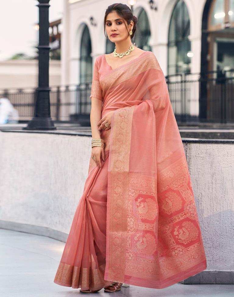 Rose Pink Organza Woven Saree