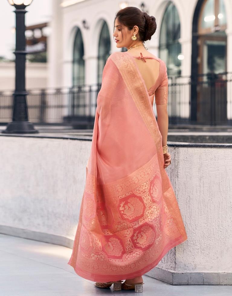 Rose Pink Organza Woven Saree