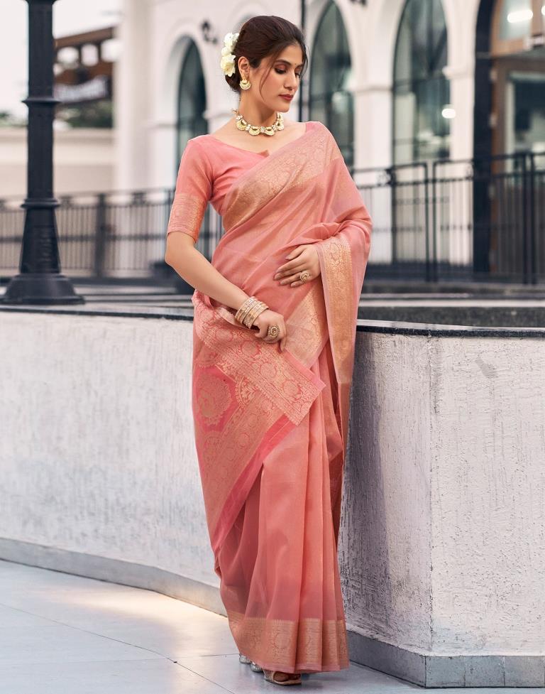 Rose Pink Organza Woven Saree