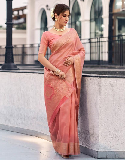 Rose Pink Organza Woven Saree