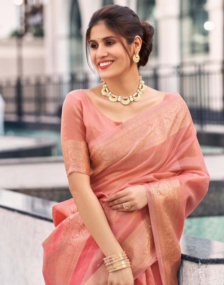 Rose Pink Organza Woven Saree