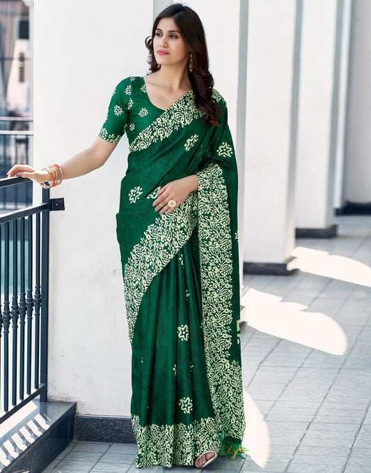 Bottle Green Silk Printed Saree