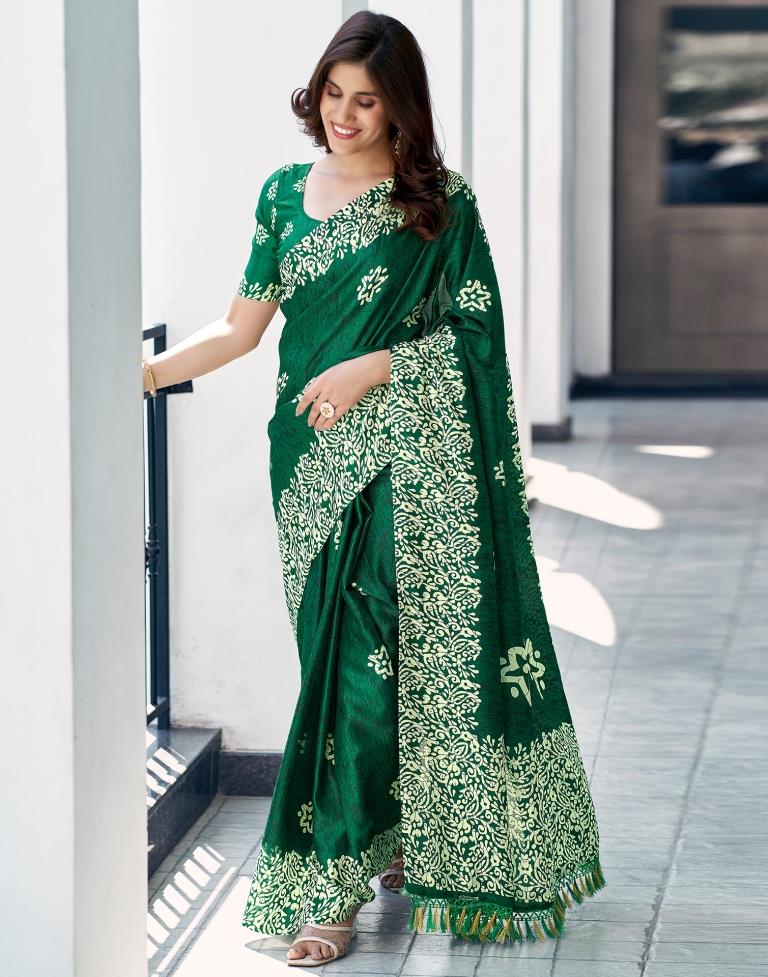 Bottle Green Silk Printed Saree