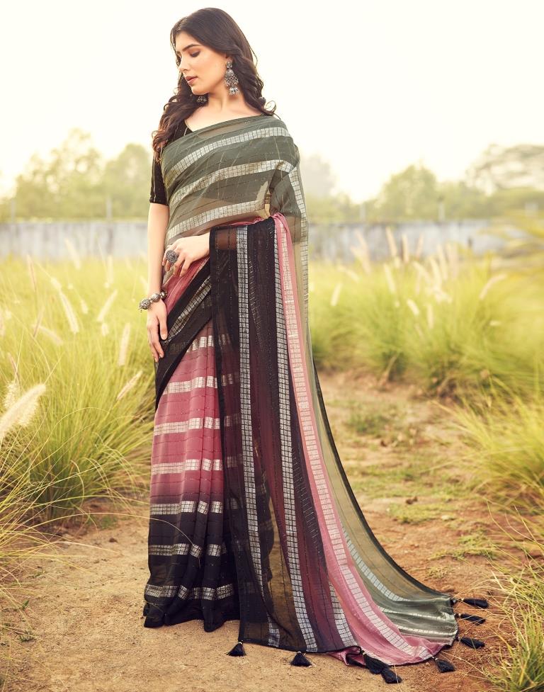 Black & Pink Georgette Plain Saree