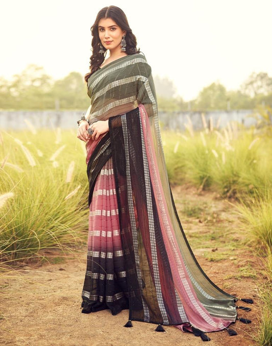 Black & Pink Georgette Plain Saree