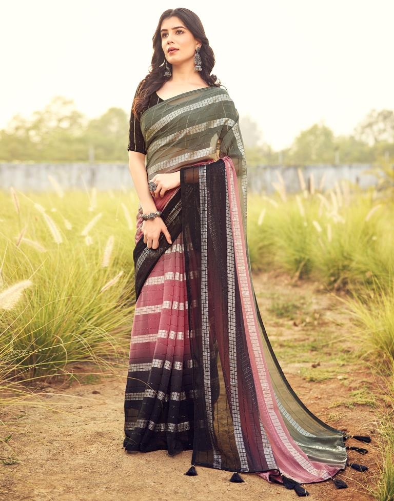 Black & Pink Georgette Plain Saree