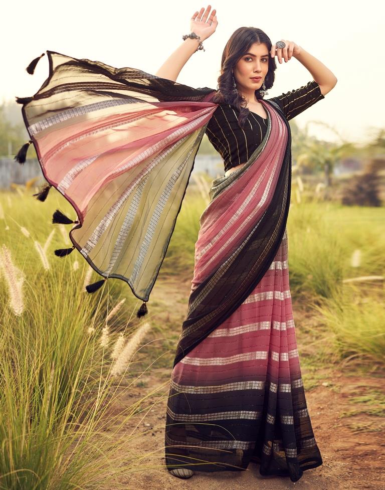 Black & Pink Georgette Plain Saree