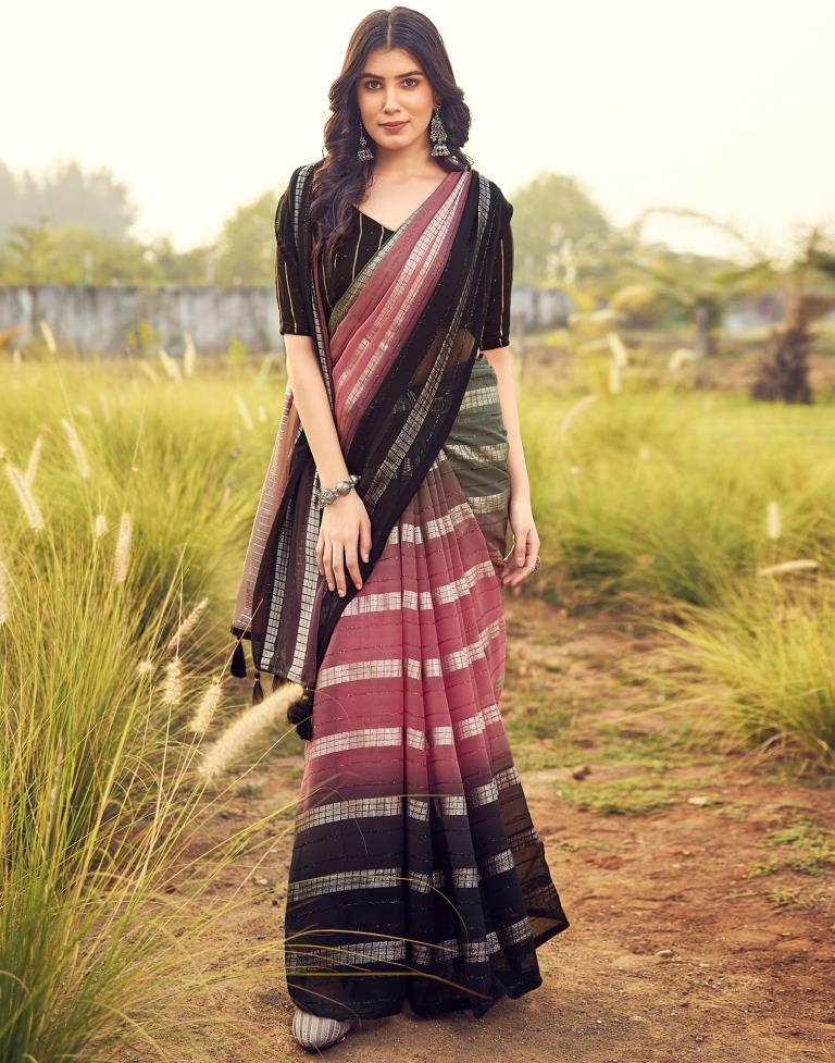 Black & Pink Georgette Plain Saree