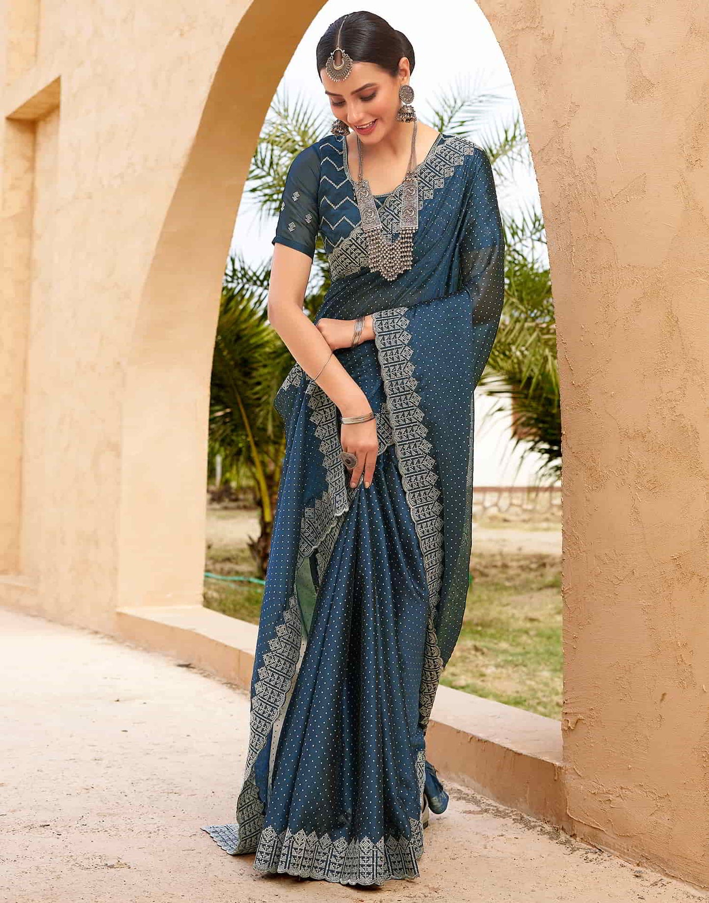 Blue Swarovski Georgette Embroidery Saree