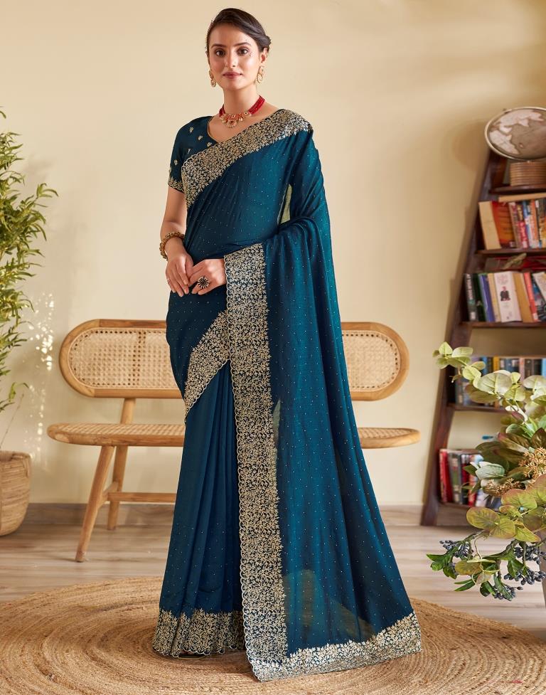 Sea Blue Silk Plain Saree