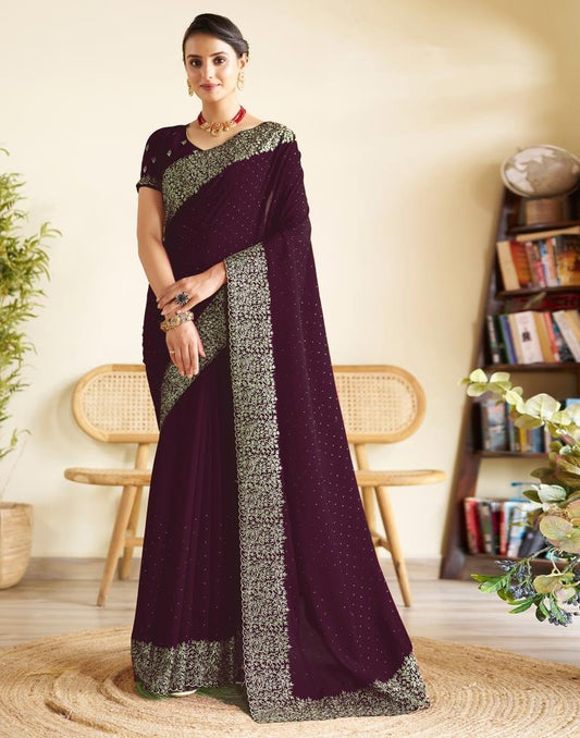 Wine Silk Plain Saree