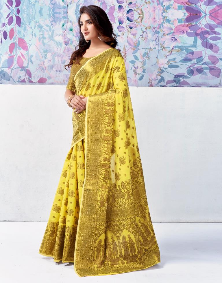 Yellow & Golden Silk Plain Saree
