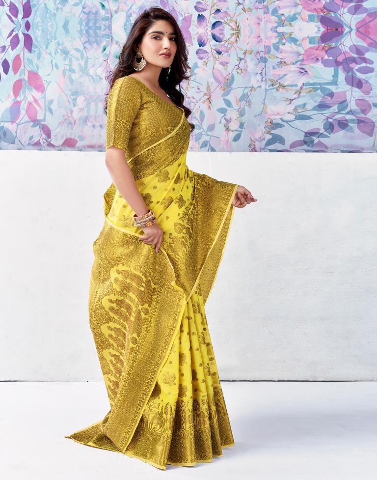Yellow & Golden Silk Plain Saree
