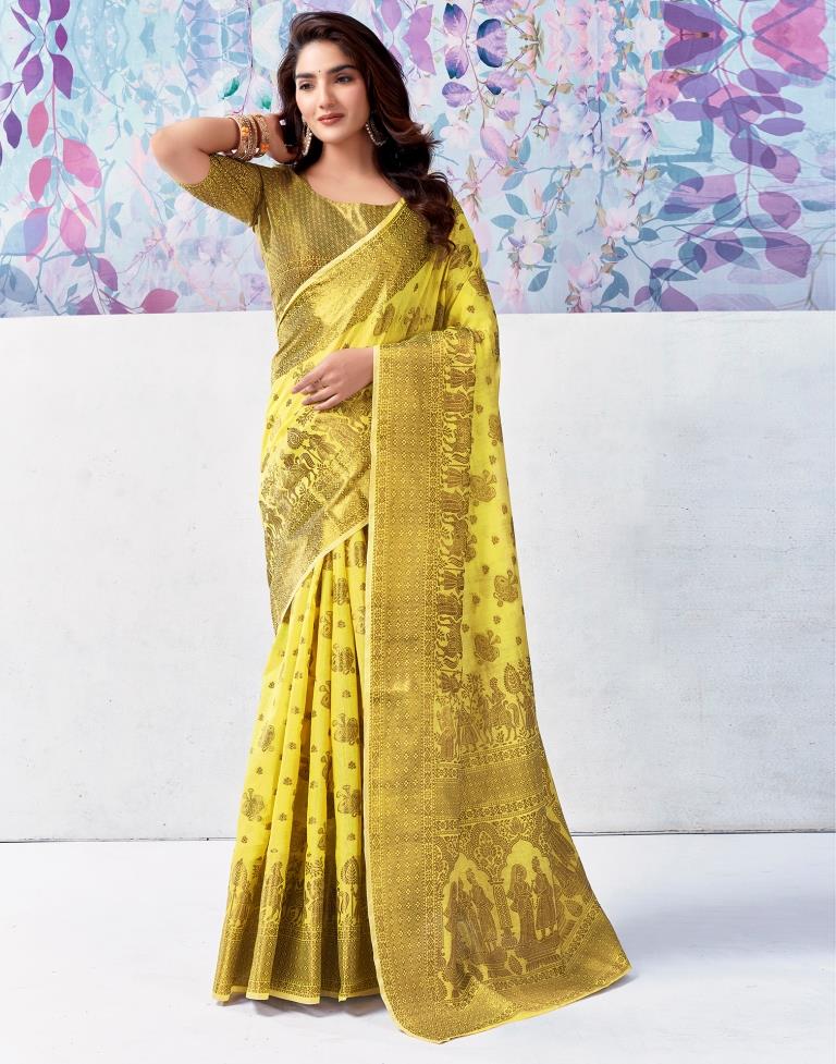 Yellow & Golden Silk Plain Saree