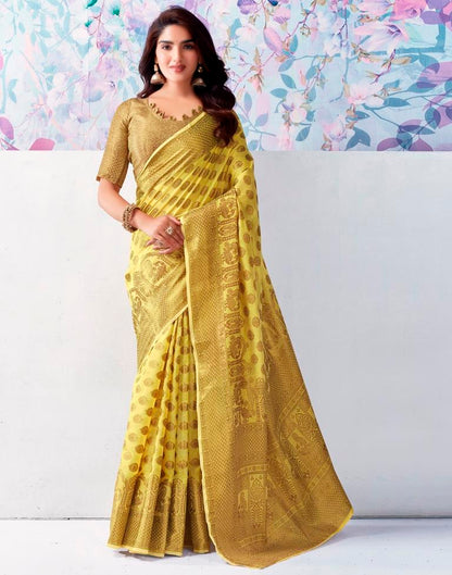Yellow & Gold Printed Silk Plain Saree