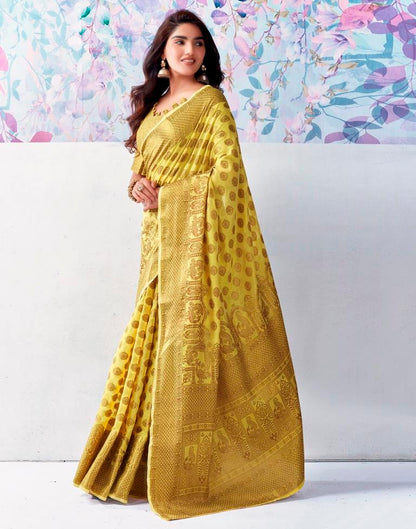 Yellow & Gold Printed Silk Plain Saree