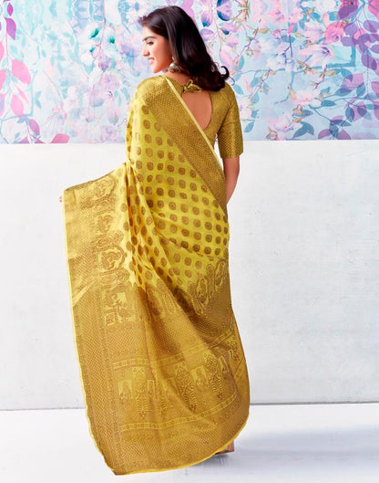 Yellow & Gold Printed Silk Plain Saree